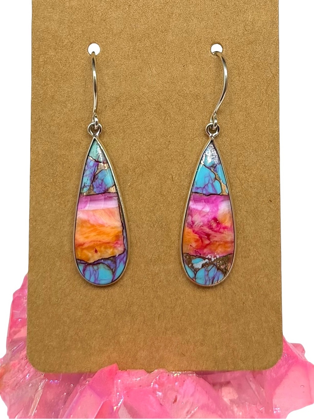 Kingman Pink Dahlia Turquoise Earrings 925 Silver Plated